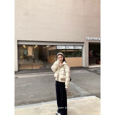 批发白鸭绒定制罗纹小短款立领羽绒服女冬季气质大翻领保暖外套