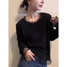 批发假两件蕾丝<b class='q'>网纱</b>拼接长袖T恤女早秋新款设计感圆领内搭<b class='q'>打底衫</b>上衣