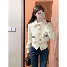 批发MOXI圈圈呢翻领羊毛收腰小香风羽绒外套女秋冬季短款上衣