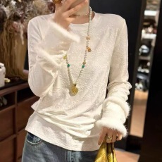 批发新中式国风提花长袖<b class='q'>T</b><b class='q'>恤</b>女春秋内搭复古袖口拼接水貂毛打底衫上衣