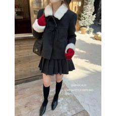 批发撞色翻领羽绒内胆小香风套装女2025冬新款白鸭绒上衣半身裙两件套