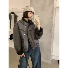 批发短款羽绒服女2025冬季新款欧货羊羔毛拼接立领小个子白鸭绒面包服