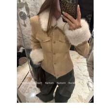 批发板栗可可Bankelili'伦敦少女'毛呢复古拼毛修身收腰夹克棉服外套