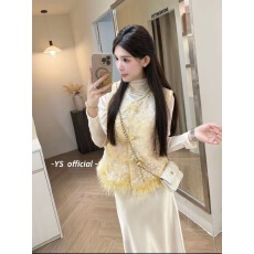 批发新中式刺绣毛边拼接立领短款马甲（毛毛可拆卸）