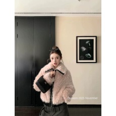 批发板栗可可Bankelili'雪松奶贝'设计感环保毛拼pu皮翻领外套女秋冬