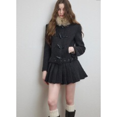 韩系气质黑灰色牛角扣毛呢外套女冬季新款百褶下摆设计感呢子大衣