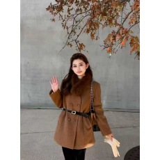 批发狐狸毛围脖收腰西装外套女加厚2025冬季羽绒内胆配腰带毛呢西服