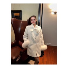 批发UKILAU韩系千金风毛呢羽绒大衣女毛毛袖蝴蝶结小个子外套女冬款