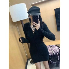 批发圣诞红色毛领针织长袖连衣裙女秋冬季绝美气质修身包臀毛衣短裙子