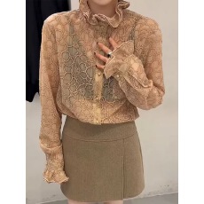 批发欧洲站2025冬季V+.COM新款小众高级感复古木耳花边领提花<b class='q'>长袖</b><b class='q'>衬衫</b>