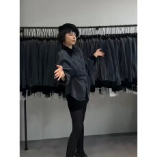 批发欧洲站2025秋冬新款拼接翻领小众复古收腰气质蓝色<b class='q'>牛仔</b>外套<b class='q'>衬衫</b>女