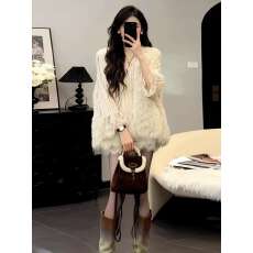 批发韩系宽松毛绒绒马甲外套女2025秋冬新款蕾丝拼接长袖上衣两件套<b class='q'>潮</b>