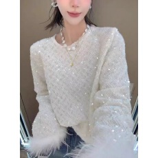 批发法式毛毛拼接重工亮片<b class='q'>衬衫</b>女2025春季新款气质宽松圆领<b class='q'>长袖</b>上衣潮