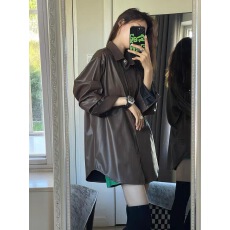 批发FREEDMST深咖色PU皮衬衫2025<b class='q'>秋</b>冬新款港风复古宽松休闲皮衣衬衣女