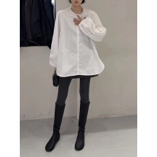 批发重工亮片套头衬衣女秋季法式圆领中长款宽松气质<b class='q'>百搭</b>白色上衣潮