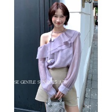 批发2026初春新款雪纺气质打底长袖荷叶边斜领露肩<b class='q'>衬衫</b>上衣小衫女