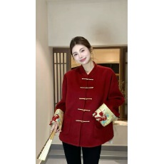 批发新中式国风毛呢外套女秋冬高级感时尚年轻款新年唐装过年红色上衣