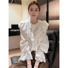 批发法式高级感蕾丝刺绣荷叶边长袖衬衫女<b class='q'>秋</b>季新款韩版时尚显瘦小上衣