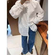 批发气质花边领系扣<b class='q'>衬衫女</b>长袖简约白色上衣花边衬衫<b class='q'>韩版</b>宽松休闲甜美