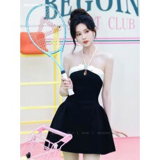 批发孟子义同款<b class='q'>连衣裙</b><b class='q'>黑白</b>拼接撞色挂脖吊带短裙miu系千金裙