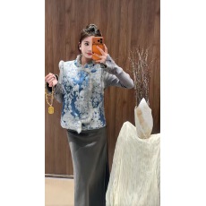 批发新中式蓝色斜襟马甲<b class='q'>兔毛</b>真毛拼接背心外穿国风无袖上衣冬