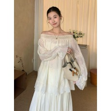 批发爱西里2026春新款复古镂空花边一字肩衬衫女<b class='q'>宽松</b>刺绣雪纺长袖上衣
