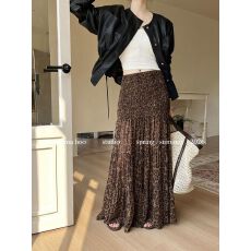 批发GRACETINA HOO春新法式定染褶皱豹纹印花<b class='q'>百搭</b>休闲蛋糕半身裙