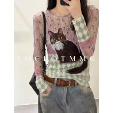 批发高级感小猫碎花网纱长袖t恤女夏季2026<b class='q'>新款</b>防晒衣罩衫上衣<b class='q'>打底衫</b>