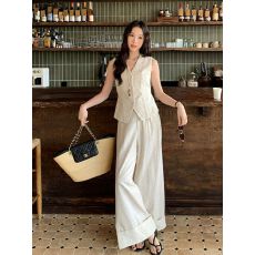 批发爱西里2026春“老钱质感”v领马甲+显瘦设计翻边阔腿裤<b class='q'>套装</b>