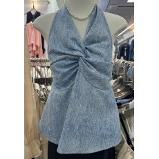 批发十三行2026春夏新款重工烫钻挂脖扭结吊带背心女V领收腰牛仔上衣