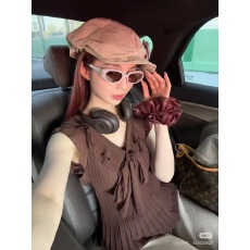 批发小众设计感咖啡色小飞袖雪纺衫女夏穿搭蝴蝶结衬衫