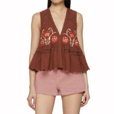 批发法式小众26春夏新款复古花卉刺绣深V领蕾丝花边拼接无袖背心上衣