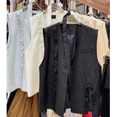 批发复古木耳边飘带V领西装马甲女2026春夏新款韩系宽松显瘦马夹外套