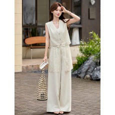 批发法式老钱风穿搭<b class='q'>蕾丝</b>拼接马甲背心2026夏季高腰宽松显瘦阔腿裤套装