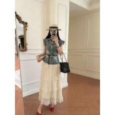 批发十三行2026夏新款水洗牛仔坎肩无袖<b class='q'>衬衫</b>+蛋糕网纱裙套装女配腰带