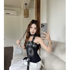 批发十三行2026夏装新款复古飘带修身牛仔抹胸女辣妹格子拼接背心上衣