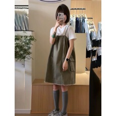 批发韩<b class='q'>日系</b>军绿色牛仔背带裙套装女宽松减龄叠穿内搭小个子吊带<b class='q'>连衣裙</b>