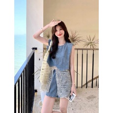 批发盐系巨好看牛仔<b class='q'>套装</b>女夏季2026新款小个子蕾丝拼接背心<b class='q'>短裤</b>两件套