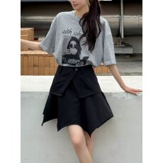 批发欧货2026夏季新款<b class='q'>欧美</b>风字母印花做旧大板短袖T恤+牛仔裙两件<b class='q'>套装</b>