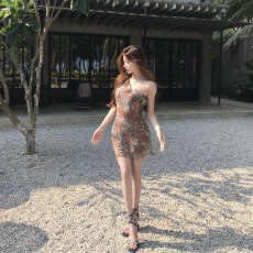 批发<b class='q'>豹纹</b>斜肩性感修身短裙<b class='q'>连衣裙</b>辣妹御姐度假夏季
