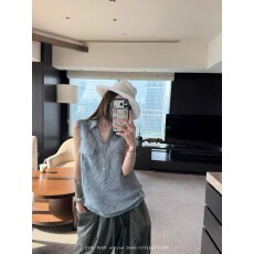 批发亚麻撞色翻领条纹无袖背心女夏季韩系宽松显瘦休闲上衣