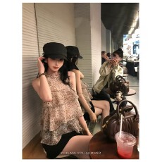 批发法式复古玫瑰豹纹雪纺衫女夏季挂脖无袖背心上衣