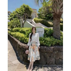 批发法式千金名媛气质蕾丝花边V领长袖衬衫+高腰水彩碎花半身裙<b class='q'>两件套</b>
