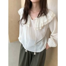 批发miroom米鹿 26早秋<b class='q'>蕾丝</b>花边荷叶边翻领衬衫女<b class='q'>长袖</b>设计感重工小衫