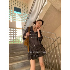 批发'拿破仑'连帽排扣卫衣外套女秋小众设计短上衣+半身裙套装两件套