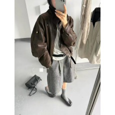 批发设计感下摆褶皱收腰立领<b class='q'>皮衣</b>外套<b class='q'>女</b>2026秋季新款时尚百搭夹克上衣