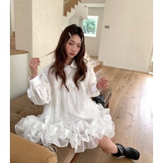 批发韩版2026秋季新款拼接蕾丝翻领荷叶边蛋糕娃娃宽松衬衫连衣短裙女