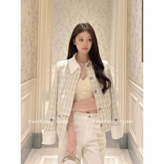 批发FanyFloss小香风单排扣条纹粗花呢<b class='q'>西装</b>短外套羊毛呢拼接亮丝上衣