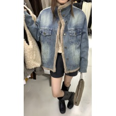 批发复古港风加绒加厚牛仔外套女2026韩系毛绒绒宽松百搭上衣