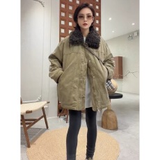 批发冬装新款复古羊羔毛翻领中长款牛仔羽绒服女羽绒外套